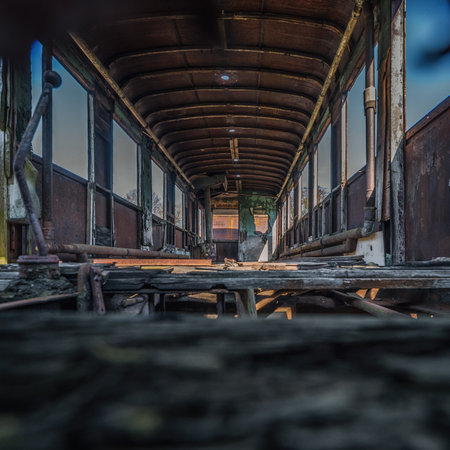 NARROW GAUGE DIESEL RAILCAR - The interior of an old, rusty wreck of a passenger transport vehicle