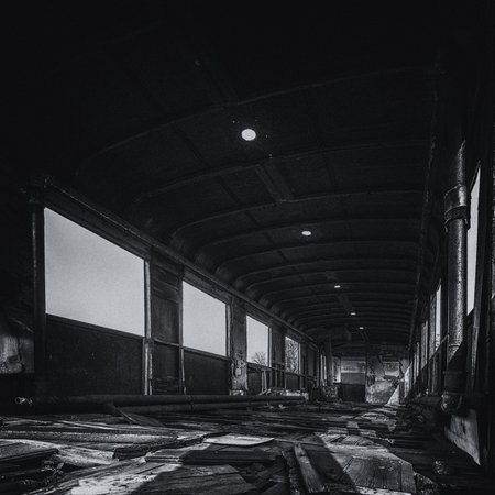 NARROW GAUGE DIESEL RAILCAR - The interior of an old, rusty wreck of a passenger transport vehicleの写真素材