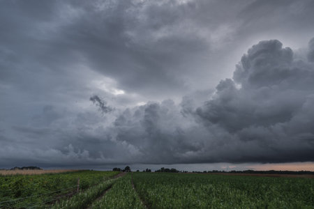 WEATHER - Dramatic rain clouds over green fields
