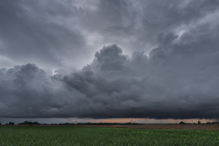 WEATHER - Dramatic rain clouds over green fieldsの写真素材