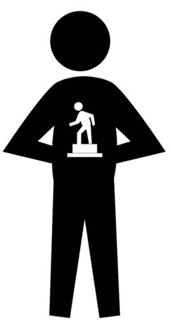 Isolated black graphic figure holding a small statue high with both handsの写真素材
