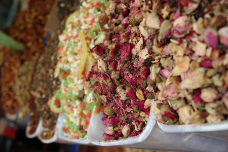 Spice stand and Dried rosebud in the market.の写真素材