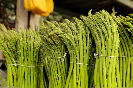Asparagus. Raw asparagus. Fresh and green Asparagus stand in the market.の写真素材