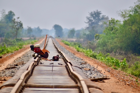Bamboo train tracks under (re)construction (Battambang, Cambodia)の写真素材