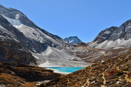Unique colored Milk lake (approx. 4300m altitude) with blue sky and sharp mountains around it in...