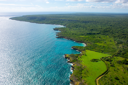 Aerial view of caribbean coastline from a helicopter, Dominican Republicの写真素材