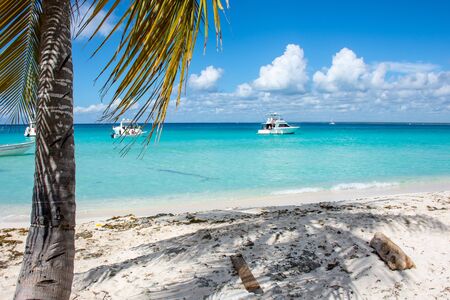 Speed Boats in the clear ocean on a background of palm trees and beautiful clouds.の写真素材