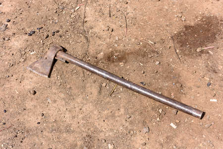 Completely metal ax lies on the ground.
