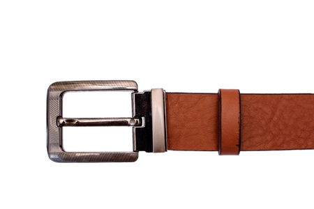 Fashionable male brown gray leather belt isolated on white background.の写真素材