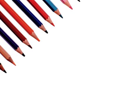 Many colored pencils isolated on white background, place for text.の写真素材
