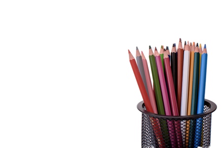 Many colored pencils isolated on white background, place for text.の写真素材