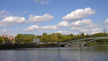 Beautiful view of the lake in the park and trees, Tsaritsynoの写真素材