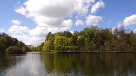 Beautiful clean European park with a beautiful view of the lakeの写真素材