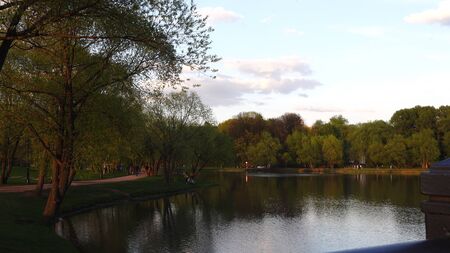 Beautiful clean European park with a beautiful view of the lakeの写真素材