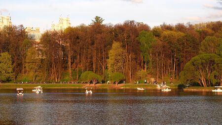 Beautiful clean European park with a beautiful view of the lakeの写真素材