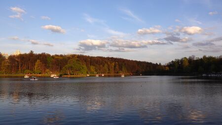 Beautiful clean European park with a beautiful view of the lakeの写真素材