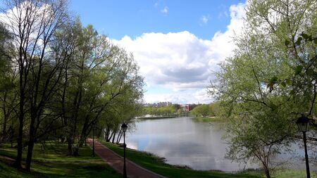 Beautiful clean European park with a beautiful view of the lakeの写真素材