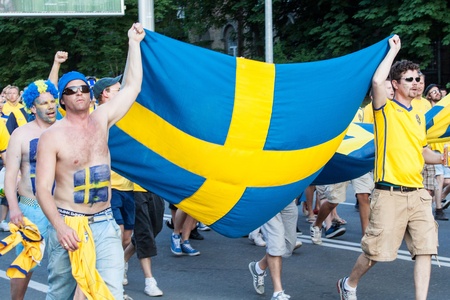 KIEV,UKRAINE, JUNE 11. Fans of the Swedish national team before the match of European Championship between Sweden and Ukraine in Kiev, Ukraine June 11, 2012 .のeditorial素材