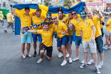 KIEV,UKRAINE, JUNE 11. Fans of the Swedish national team before the match of European Championship between Sweden and Ukraine in Kiev, Ukraine June 11, 2012 .のeditorial素材