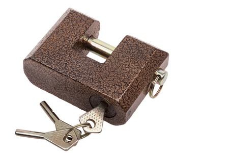 Rectangular brown lock and keys isolated on white background
