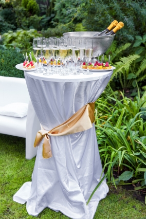 Table with champagne and appetizers at a wedding outdoorsの写真素材