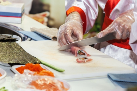 Process of making Japanese sushi rollsの写真素材
