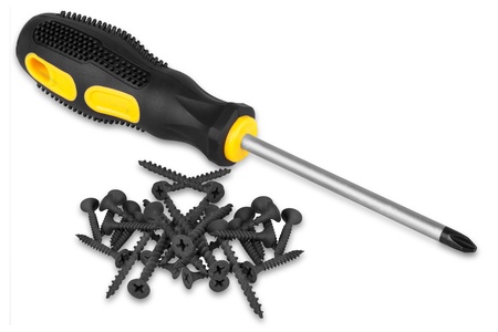 Screwdriver with a rubber handle and black screws on a white background