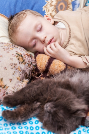 Young boy and cat sleeping on bed at homeの写真素材