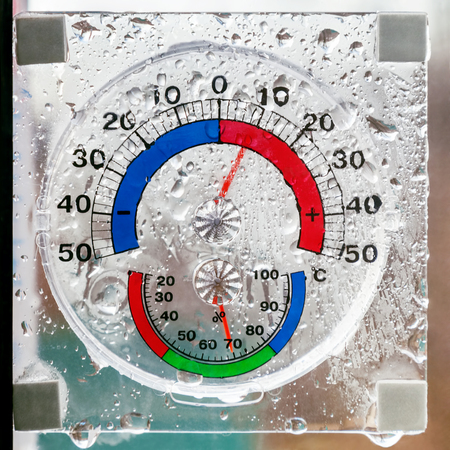 Hygrometer, thermometer all in one behind window in rainy weather
