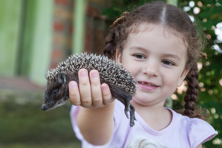 Pretty baby girl holding in his hand young hedgehog outdoors closeupの写真素材