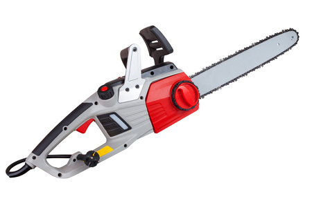 Electric chain saws, isolated on white background with clipping path close-upの写真素材