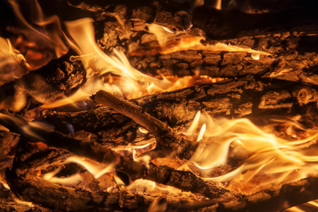 Burning wood in the fireplace close-up, flame texture, fire backgroundの写真素材