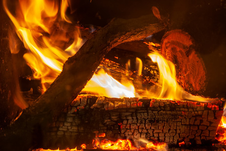 Burning firewood in the fireplace close up