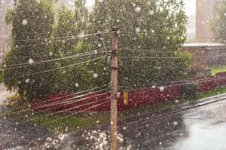 Heavy rain in the city, raindrops fly in the air, power line and trees in the background