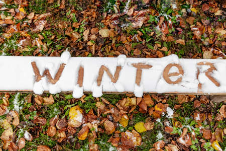Inscription on the snow, Winter, on a background of autumn leavesの写真素材