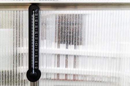 An alcohol thermometer measures the temperature in a polycarbonate greenhouse