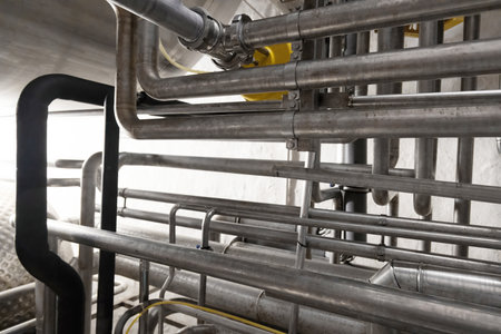 System of steel pipes in food and drink processing plant. Pipelines in brewery factory