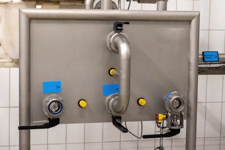 A stainless steel pipe system in the food industry at a brewery in the process of brewing beer, hose...