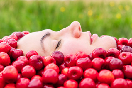 Profile photo of a young woman among cherry berriesの写真素材
