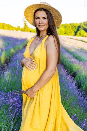 A pregnant woman in a yellow dress is standing on a blooming lavender fieldの写真素材