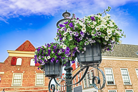 Flower pots hang on a lamppost against the background of houses in a European cityの写真素材