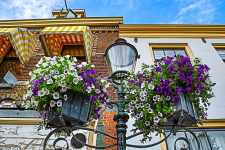 Flower pots hang on a lamppost against the background of houses in a European cityの写真素材