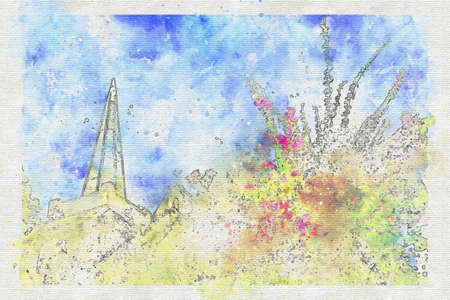 Water colour of church spire , blue sky and bougainvillea flower tree