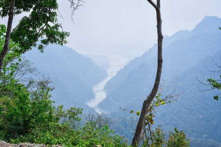 Aerial view of valleys, river Tista, two bridgesの写真素材