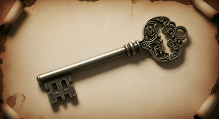 A vintage old-fashioned key with intricate patterns, isolated on aesthetic backgroundの素材