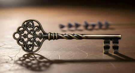 A simple old-fashioned key with intricate patterns, isolated on aesthetic backgroundの素材