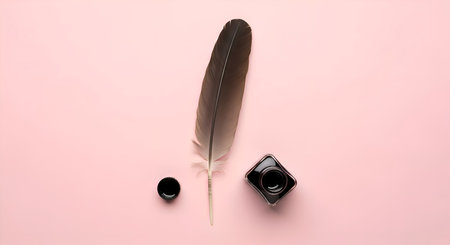 Flat lay of a modern single feather quill and ink bottle, on aesthetic backgroundの素材