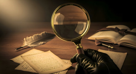 A hand holding magnifying glass, on aesthetic backgroundの素材