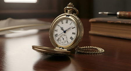 A vintage pocket watch, placed on tableの素材