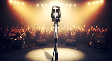 A vintage retro microphone from the 1950s, on music concert backgroundの素材